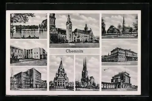 AK Chemnitz, Ruderer auf dem Schlossteich, Stadtbad, Industrieschule, Lutherkirche, Flughafen, Hauptbahnhof