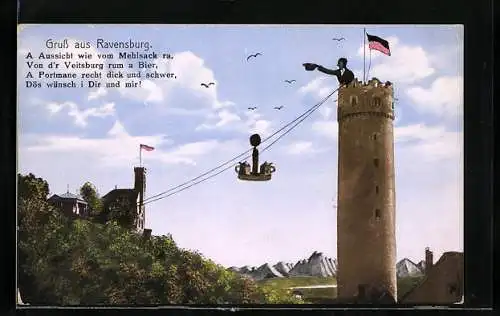 AK Ravensburg, Der Turm der Veitsburg mit einer erdachten Seilbahn