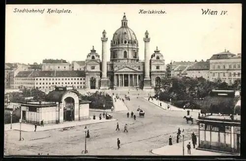 AK Wien, Karlskirche und Stadtbahnhof am Karlsplatz