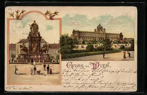 Lithographie Wien, Maria Theresien Platz, Maria Theresien Denkmal, K. k. Museum