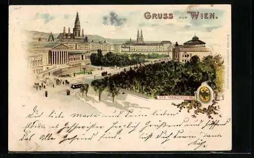 Lithographie Wien, Partie am Franzensring mit Wappen