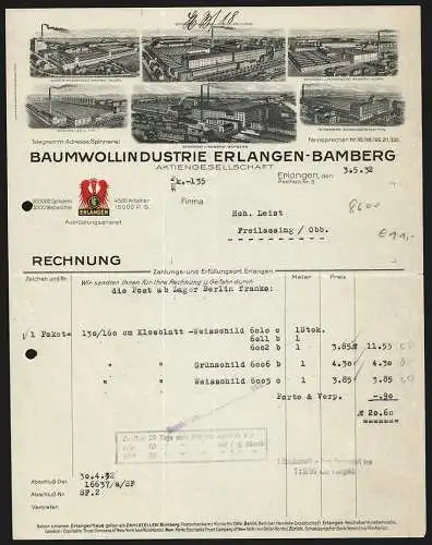 Rechnung Erlangen 1932, Baumwollindustrie Erlangen-Bamberg AG, Ansichten von sechs Betriebsstellen