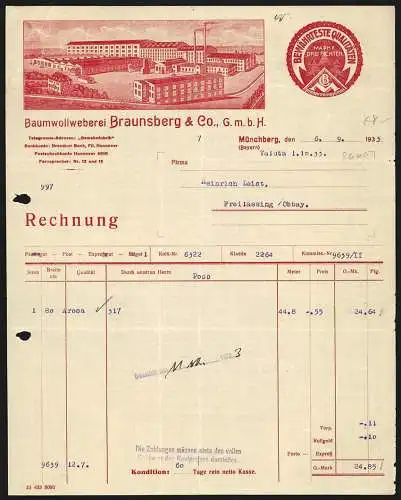 Rechnung Münchberg 1933, Braunsberg & Co. GmbH, Baumwollweberei, Das Betriebsgelände, Schutzmarke Drei Fichten