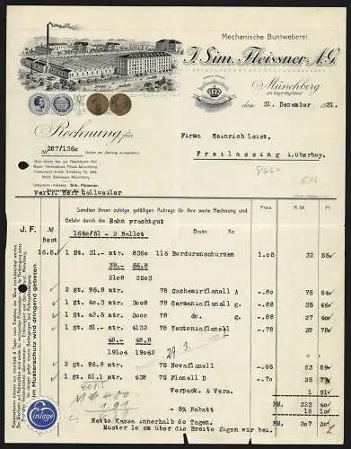 Rechnung Münchberg im bayr. Vogtland 1931, J. Sim. Fleissner AG, Mechanische Buntweberei, Werkansicht, Medaillen