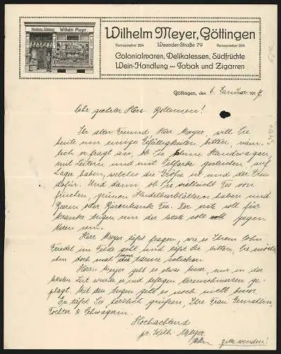 Rechnung Göttingen 1917, Wilhelm Meyer, Colonialwaren, Delikatessen und Tabakwaren, Frontalansicht des Geschäfts