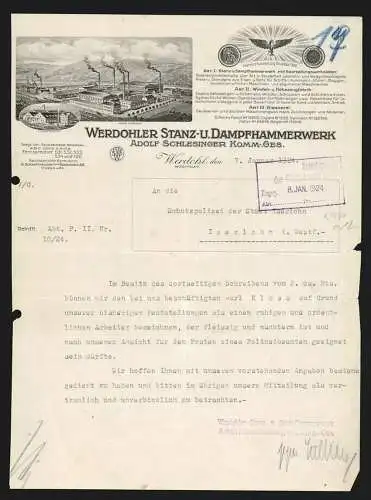 Rechnung Werdohl 1924, Adolf Schlesinger KG, Werdohler Stanz- & Dampfhammerwerk, Ansicht von Fabrik und Giesserei