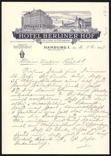 Rechnung Hamburg 1938, Schröder & Michaelsen, Hotel Berliner Hof