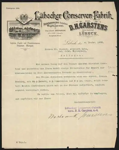 Rechnung Lübeck 1902, D. H. Carstens, Lübecker Conserven-Fabrik, Betriebsansicht am See, Schutzmarke