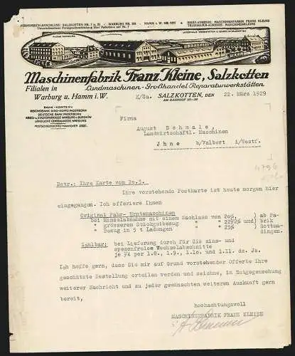 Rechnung Salzkotten 1929, Franz Kleine, Maschinenfabrik, Lagerhaus, Werkstätten und Büros in Salzkotten, Filiale Warburg