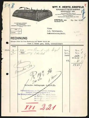 Rechnung Krefeld 1936, Wwe. Hertz, Krawattenfabrik, Modellansicht des Geschäftskomplexes
