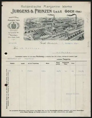 Rechnung Goch /Rheinland 1904, Jurgens & Prinzen GmbH, Holländische Margarine-Werke, Betrieb mit eigener Gleisanlage