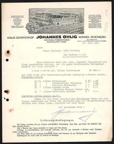 Rechnung Winkel /Rheingau 1934, Johannes Ohlig, Weingut Haus Zehntenhof, Betriebsgelände mit Weinfeldern