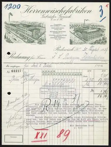 Rechnung Rodewisch i. V. 1937, Gebrüder Gerisch GmbH, Herrenwäschefabriken, Hauptwerk und Werk in Wernesgrün