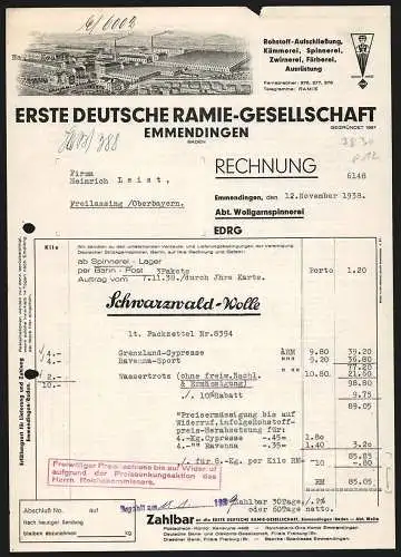 Rechnung Emmendingen /Baden 1938, Erste Deutsche Ramie Gesellschaft, Textil-Fabrikation, Betriebs-Gesamtansicht