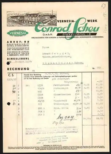 Rechnung Dinkelsbühl i. B. 1939, Conrad Scheu GmbH, Vernesia-Werk, Kinderwagen- & Korbwaren-Fabrik, Betriebsansicht