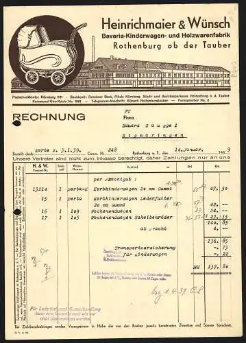 Rechnung Rothenburg o. T. 1939, Heinrichmaier & Wünsch, Bavaria-Kinderwagen- & Holzwarenfabrik, Logo und Betriebsansicht