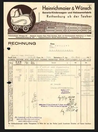 Rechnung Rothenburg o. T. 1939, Heinrichmaier & Wünsch, Bavaria-Kinderwagen- & Holzwarenfabrik, Logo und Werksansicht