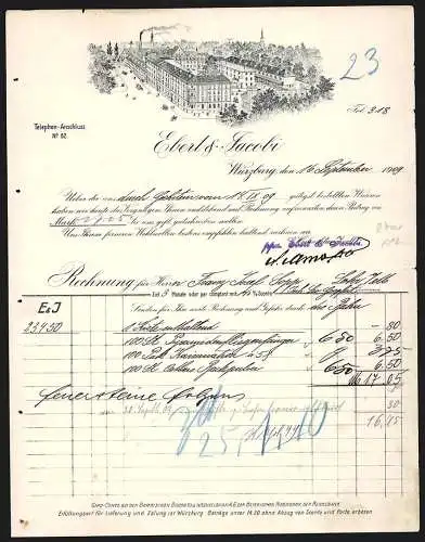 Rechnung Würzburg 1909, Firma Ebert & Jacobi, Das Werksgelände mit Betriebshof aus der Vogelschau