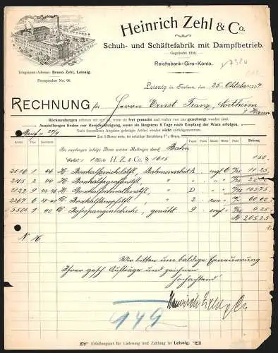 Rechnung Leisnig in Sachsen 1907, Heinrich Zehl & Co., Schuh- und Schäftefabrik, Das Betriebsgelände aus der Vogelschau