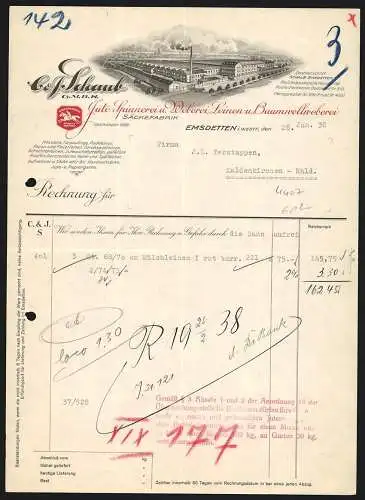 Rechnung Emsdetten 1938, C. & J. Schaub GmbH, Textil- und Säckefabrik, Blick auf das Betriebsgelände, Schutzmarke
