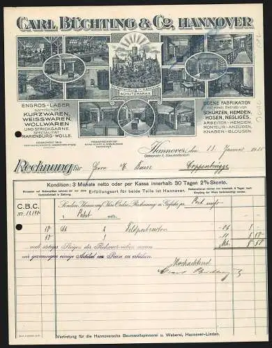 Rechnung Hannover 1915, Carl Büchting & Co., Textil-Fabrik und -Lager, Ansichten diverser Betriebsstätten & -räume