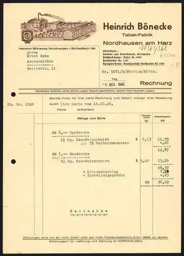 Rechnung Nordhausen am Harz 1940, Heinrich Bönecke, Tabak-Fabrik, Das Betriebsgelände mit kleinem Park