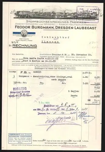 Rechnung Dresden 1933, Feodor Burgmann, Stopfbüchsenpackungs-Fabrik, Ansicht von vier Werken