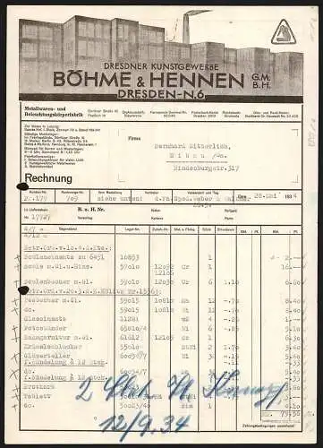 Rechnung Dresden 1934, Böhme & Hennen, Metallwaren- und Beleuchtungskörper-Fabrik, Modellansicht der Geschäftsgebäude