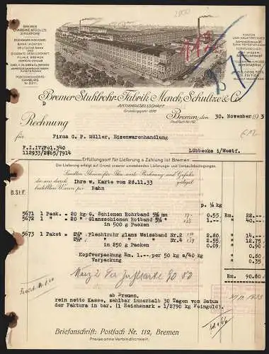 Rechnung Bremen 1933, Menck, Schultze & Co., Bremer Stuhlrohr-Fabrik, Strassenbahn am Betriebsgebäude