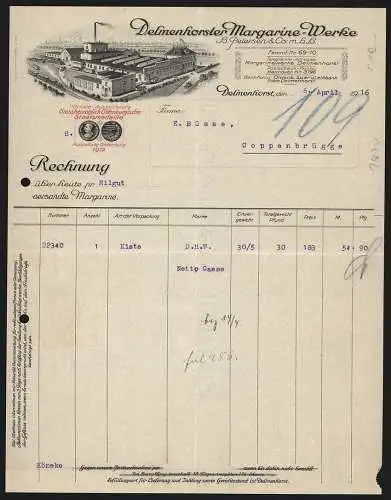 Rechnung Delmenhorst 1916, H. Petersen & Co. mbH, Delmenhorster Margarine-Werke, Fabrik mit einer Gleisanlage