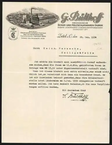 Rechnung Zetel i. O. 1934, G. Bülthoff, Schuh- und Holzschuhwaren-Fabrik, Das Werksgelände mit gelagerten Rohstoffen