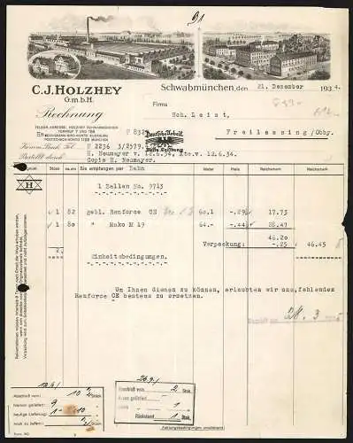 Rechnung Schwabmünchen 1934, Firma C. J. Holzhey GmbH, Ansicht dreier Niederlassungen