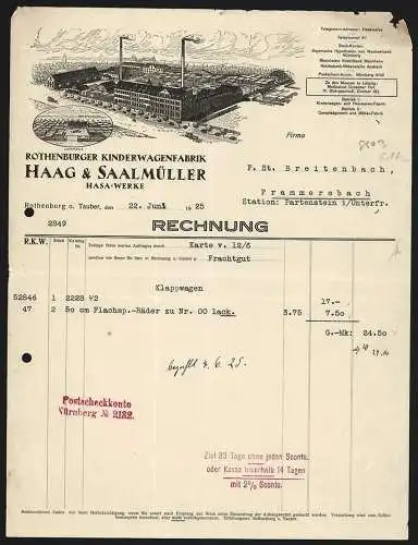Rechnung Rothenburg o. Tauber 1925, Haag & Saalmüller, Hasa-Werke, Kinderwagenfabrik, Werksansicht und Lagerplatz
