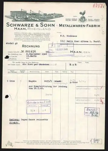 Rechnung Haan 1946, Schwarze & Sohn GmbH, Metallwarenfabrik, Strassenbahn am Geschäftsgelände, Fabrikzeichen