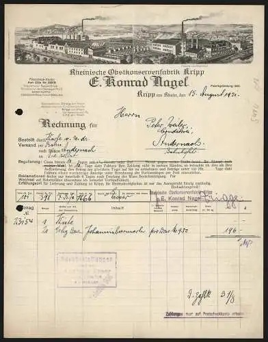 Rechnung Kripp am Rhein 1921, E. Konrad Nagel, Rheinische Obstkonservenfabrik, West- und Ostseite der Fabrik mit Rhein