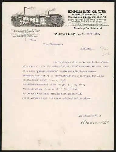 Rechnung Westig i. W. 1930, Drees & Co., Metallwaren-Fabrik, Blick auf das Betriebsgelände