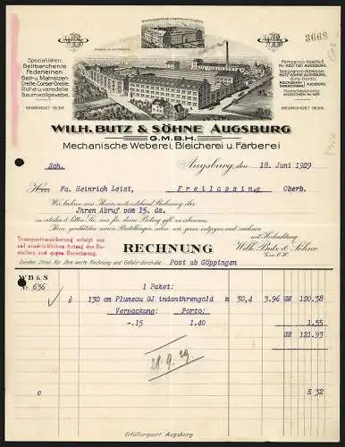 Rechnung Augsburg 1929, Wilh. Butz & Söhne GmbH, Mechanische Weberei, Bleicherei & Färberei, Betriebsansichten