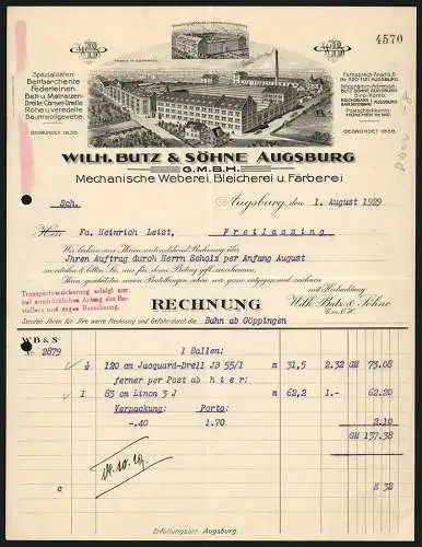 Rechnung Augsburg 1929, Wilh. Butz & Söhne GmbH, Mechanische Weberei, Bleicherei & Färberei, Werksansichten