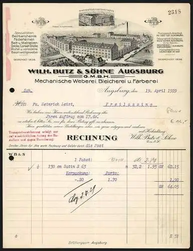 Rechnung Augsburg 1929, Wilh. Butz & Söhne GmbH, Mechanische Weberei, Bleicherei & Färberei, Geschäftsansichten
