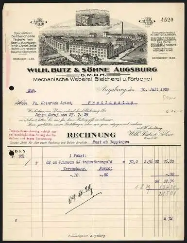 Rechnung Augsburg 1929, Wilh. Butz & Söhne GmbH, Mechanische Weberei, Bleicherei & Färberei, Zwei Geschäftsstellen