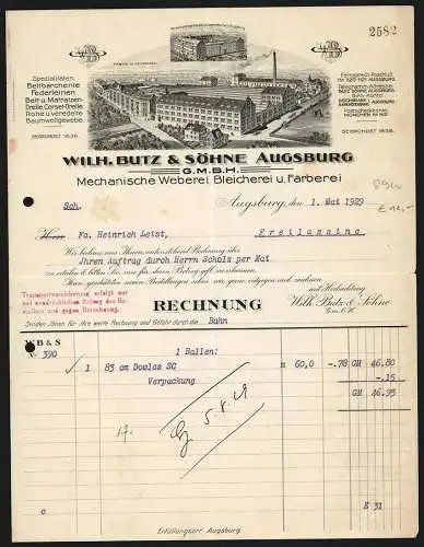 Rechnung Augsburg 1929, Wilh. Butz & Söhne GmbH, Mechanische Weberei, Bleicherei & Färberei, Zwei Niederlassungen