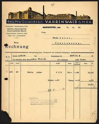 Rechnung Hannover 1934, Vahrenwald GmbH, Baumwollweberei, Frontalansicht der Fabrikanlage