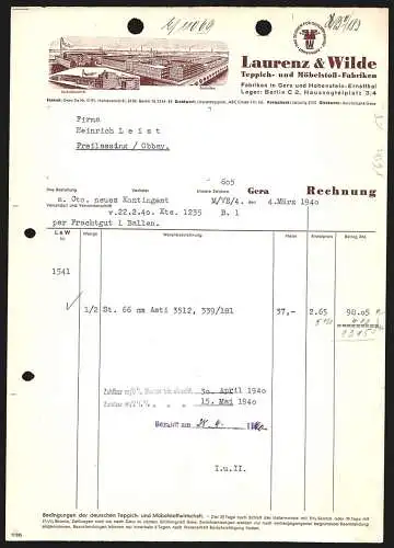 Rechnung Gera 1940, Laurenz & Wilde, Teppich- und Möbelstoff-Fabriken, Hauptwerk in Gera und Werk in Hohenstein-Er.