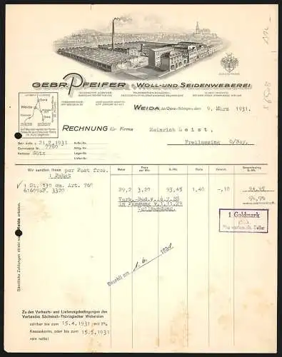 Rechnung Weida bei Gera 1931, Gebr. Pfeifer, Woll- und Seidenweberei, Fabrikansicht aus der Vogelschau, Schutzmarke