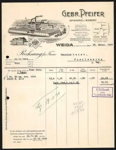 Rechnung Weida bei Gera 1929, Gebr. Pfeifer, Spinnerei & Weberei, Ansicht zweier Geschäftsstellen, Schutzmarke