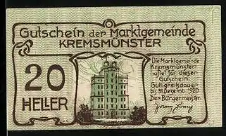 Notgeld Kremsmünster 1920, 20 Heller, Sternwarte, Eber