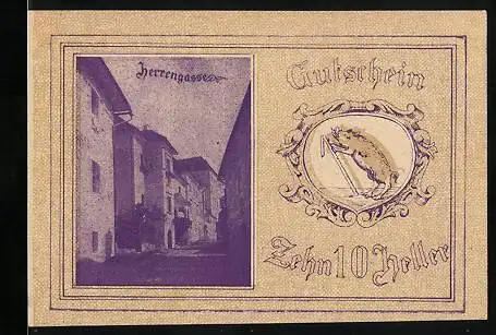 Notgeld Kremsmünster 1920, 10 Heller, Herrengasse, Rathaus, Eber, Volksdichter