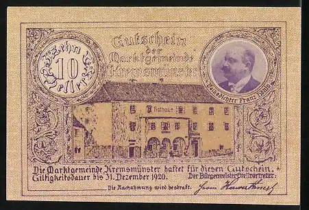 Notgeld Kremsmünster 1920, 10 Heller, Herrengasse, Rathaus, Eber, Volksdichter