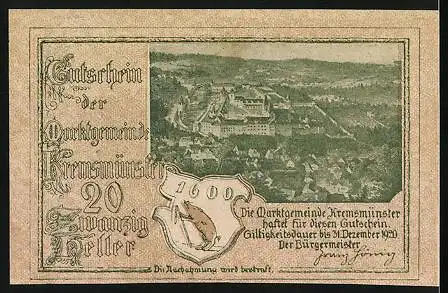 Notgeld Kremsmünster 1920, 20 Heller, Wappen, Ortsansicht, Guntherdenkmal