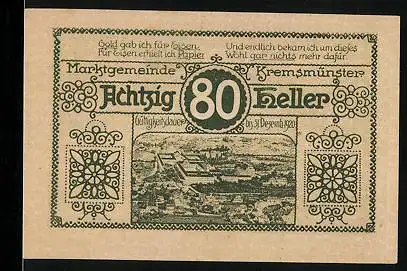 Notgeld Kremsmünster 1920, 80 Heller, Ortsansicht, Eber